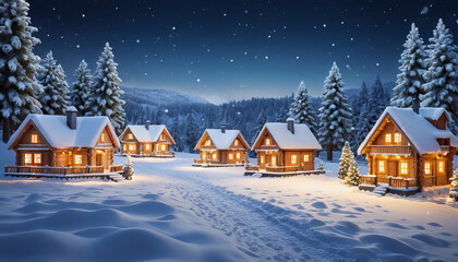 A snowy mountain valley with a rustic house, lit warmly, under a crescent moon and a deep blue sky at dusk.