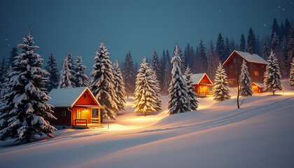 Super cozy winter neighborhood at night with charming homes covered in snow