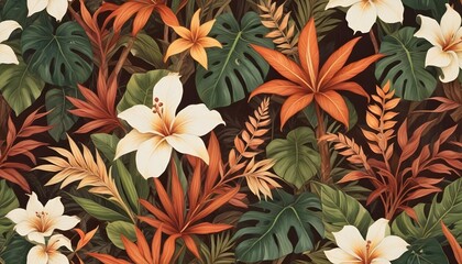 Tropical exotic pattern with animal and flowers in bright colors and lush vegetationn