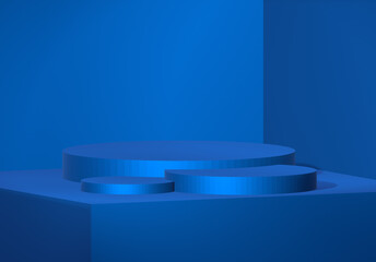 Podium product display or Empty room interior design square stage minimal scene,  Display plinths. Stand. blue color. 3d Render