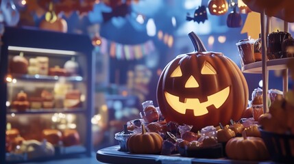Halloween Pumpkin Glow: A festive pumpkin with a carved jack-o'-lantern face beams with a warm glow surrounded by candy and other spooky treats.