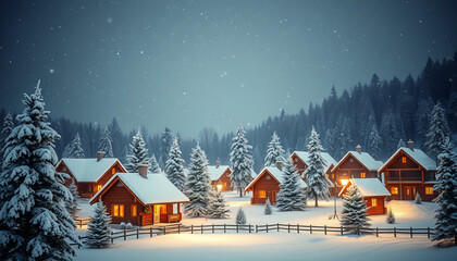 A large, warmly lit cabin in a snowy forest, surrounded by mountains under a starry night sky 