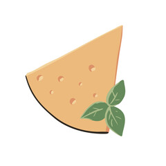 Slice of cheese with basil. An appetizing and tasty ingredient. Healthy dairy product. Food, cooking and kitchen. Vector illustration isolated on a white background. Top view