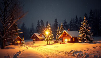 A cozy cabin glows with warm light amidst a snowy forest, illuminated by falling snow 