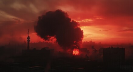 Obraz premium Red clouds in the sky, black background, close-up, smoke and fog, dark red lighting