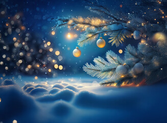 A snow-covered winter scene with a glowing, frosted tree branch adorned with ornaments.  Warm lights illuminate the snowy landscape creating a magical, festive atmosphere.