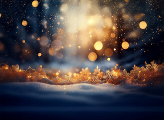 Obraz premium Magical winter scene with glowing lights and snowflakes on a snowy landscape. A mystical, dreamy ambiance.