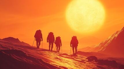 Obraz premium Silhouettes of Hikers Against a Dramatic Sunset