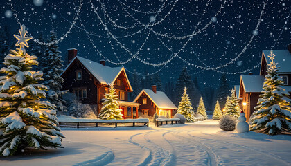A festive scene featuring  Christmas trees lit with warm lights, and a starry night sky.