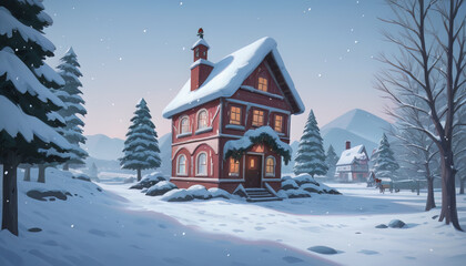 A cozy, super charming log cabin illuminated with warm lights, nestled in a snowy forest at dusk, evoking a peaceful holiday retreat.