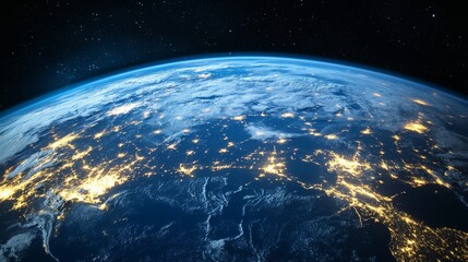 Obraz premium Earth at Night: A breathtaking view of Earth from space, showcasing the intricate network of city lights illuminating the planet against the backdrop of a star-studded cosmos.