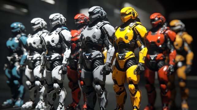 A Squad of Modern Soldiers: A collection of futuristic military action figures with distinctive colors and designs, ready for action.  