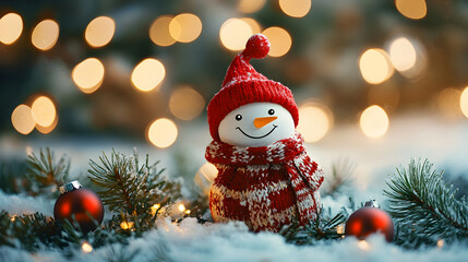 Obraz premium Smiling Snowman with Red Hat and Scarf 