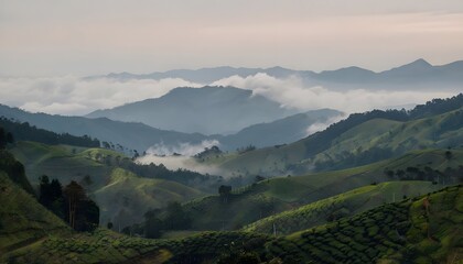 Misty Andes Mountains with Coffee Plantations