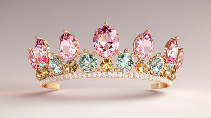 elegant crown adorned with colorful jewels, featuring pink and green gemstones, radiates luxury and sophistication. Perfect for special occasions or royal events