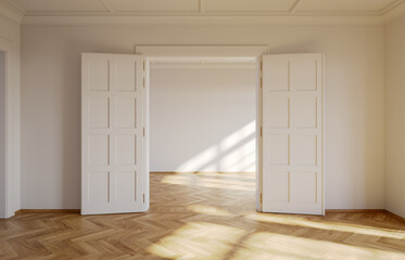 Empty luxury apartment. Empty. Living room. Modern interior. Real estate concept. Photorealistic 3D rendering.