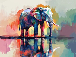 Colorful elephant standing near water with vibrant reflections, showcasing artistry in wildlife, perfect for nature lovers and art enthusiasts