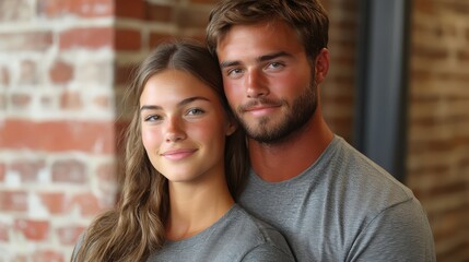 Fototapeta premium Intimate Portrait of a Couple: A young, stylish couple stands close together, their faces illuminated by the warmth of a brick wall.