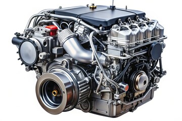 Fototapeta premium High-Quality Candid Photography of a New Car Engine Isolated on a White Background, Showcasing Modern Automotive Engineering and Design Features Perfect for Technical and Commercial Use