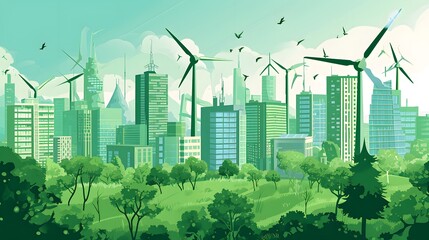 Futuristic Eco City with Wind Turbines and Lush Greenery in a Sustainable Landscape