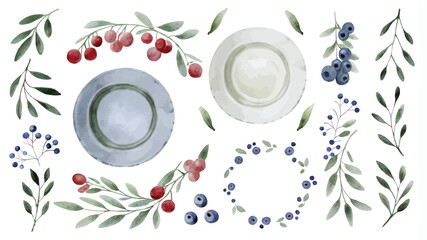 Set of watercolor hand drawn vector illustrations with berries, leaves and plates