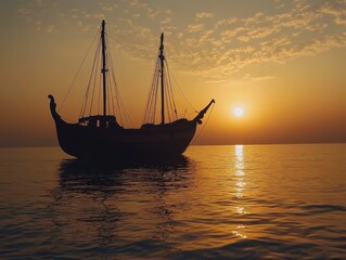 Silhouette of a Sailing Ship at Sunset: A majestic sailing ship stands silhouetted against the vibrant hues of a setting sun, its sails billowing gently in the evening breeze.
