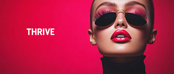 Confident Woman Thriving in Red Background with Sunglasses