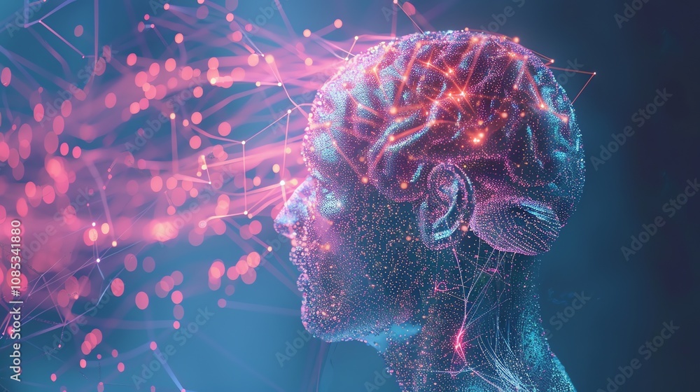 Poster a digital rendering of a human brain with glowing lines and nodes.