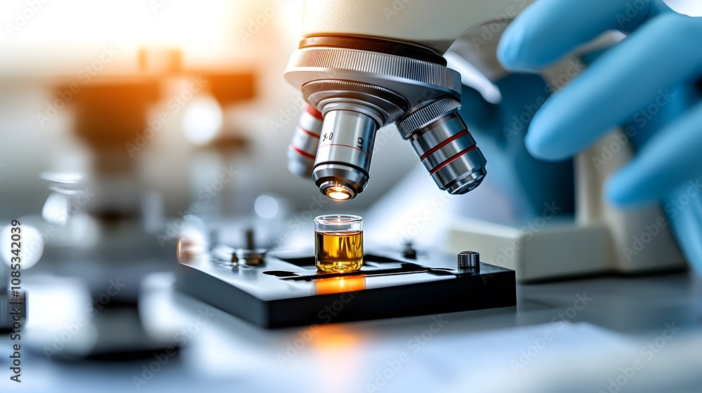 Poster close-up of microscope examining yellow liquid sample in laboratory setting