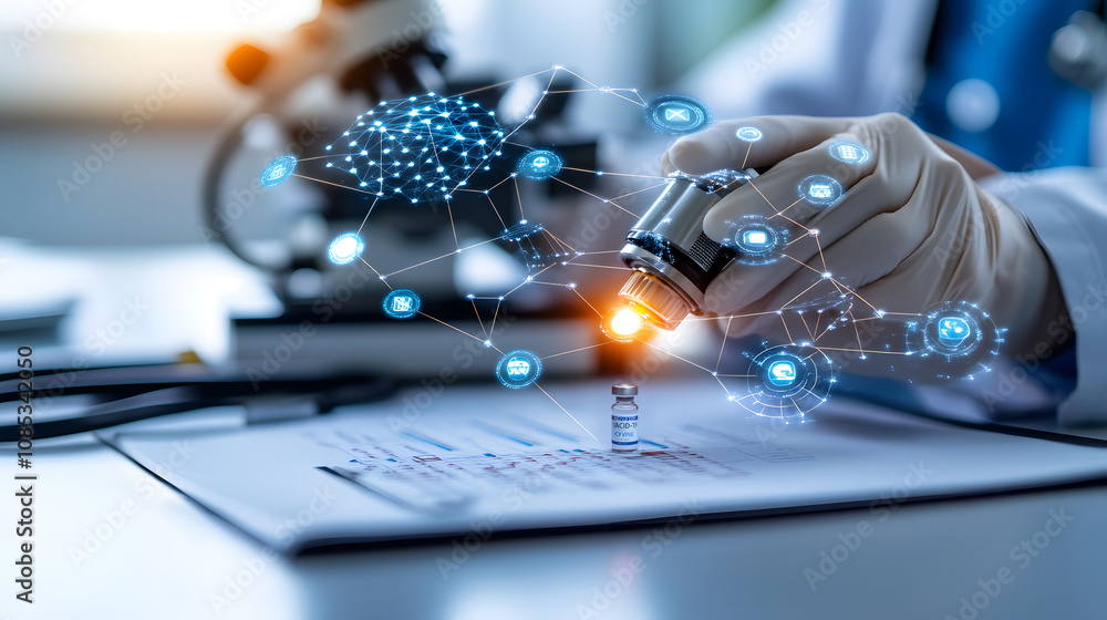 Poster scientist using microscope with digital network overlay and vaccine vial in laboratory