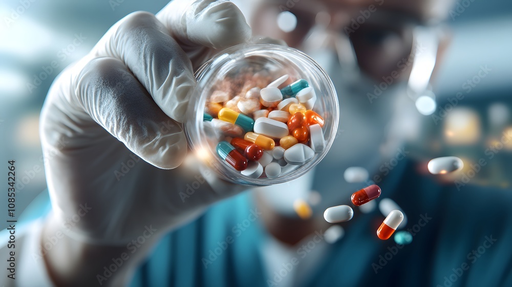 Poster scientist holding a container of multicolored capsules and tablets in a laboratory