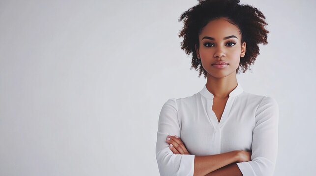 Confident Young Woman with Natural Afro Hairstyle in Elegant White Outfit Posing Against a Soft Grey Background for Professional Portrait or Stock Photography Use