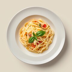 Creamy Fettuccine with Fresh Basil and Cherry Tomatoes on a Light Neutral Background for a Delicious Italian Cuisine Presentation