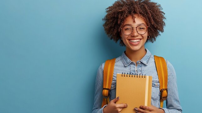 Smiling young woman with curly hair holding a notebook against a blue background, showcasing a cheerful and studious vibe, ideal for educational or creative themes
