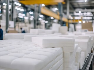 Obraz premium Mattress Factory: A close-up of freshly assembled mattresses in a bustling factory, the image evokes a sense of quality craftsmanship and the comfort of a well-made bed.