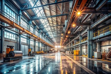 Obraz premium Industrial Site Interior with Concrete Floor Featuring Modern Machinery, Pipelines, and Industrial Equipment in a Spacious, Well-Lit Environment for Dynamic Visual Appeal