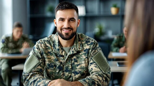 An army veteran receiving career counseling at a military education program, highlighting the support available for veterans in transitioning to new professions