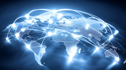 Fototapeta premium digital world map with glowing connections representing global networks. interconnected lines symbolize communication and technology across continents