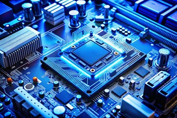 Intricate Close-Up of a Computer Motherboard in Blue Tones Featuring a Prominent Microprocessor, Highlighting Technology and Innovation in Modern Electronics
