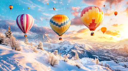 Obraz premium Breathtaking hot air balloons soar over snow covered mountains at sunset, creating magical winter scene filled with vibrant colors and serene beauty