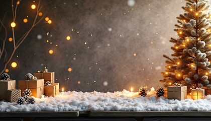 Elegant Christmas table mockup featuring a snow-covered scene, glowing tree, candles, and wrapped gifts