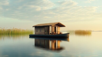 Fototapeta premium Small wooden houseboat, floating on calm lake waters, surrounded by reeds 
