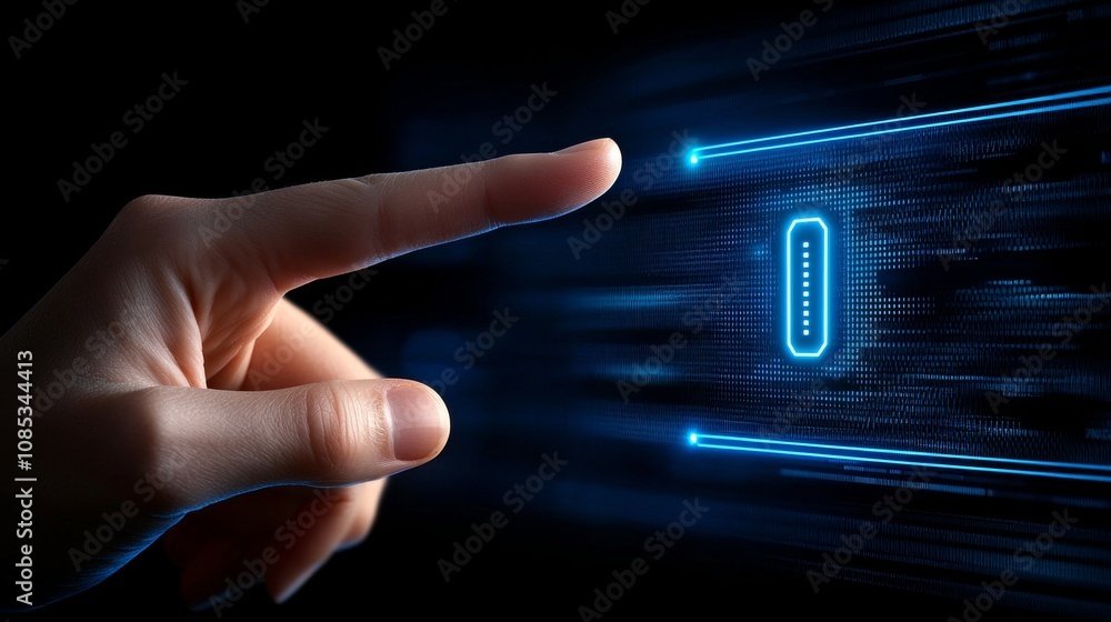Poster fingertip accessing digital password in a futuristic environment close-up of technology concept cybe