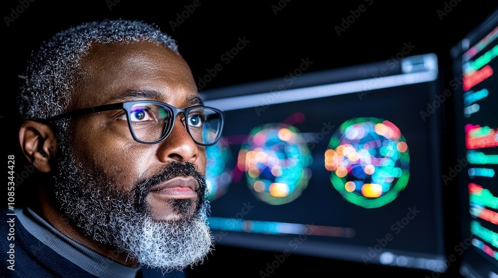Poster data analysis session with focused man office environment digital content technology insights analyt