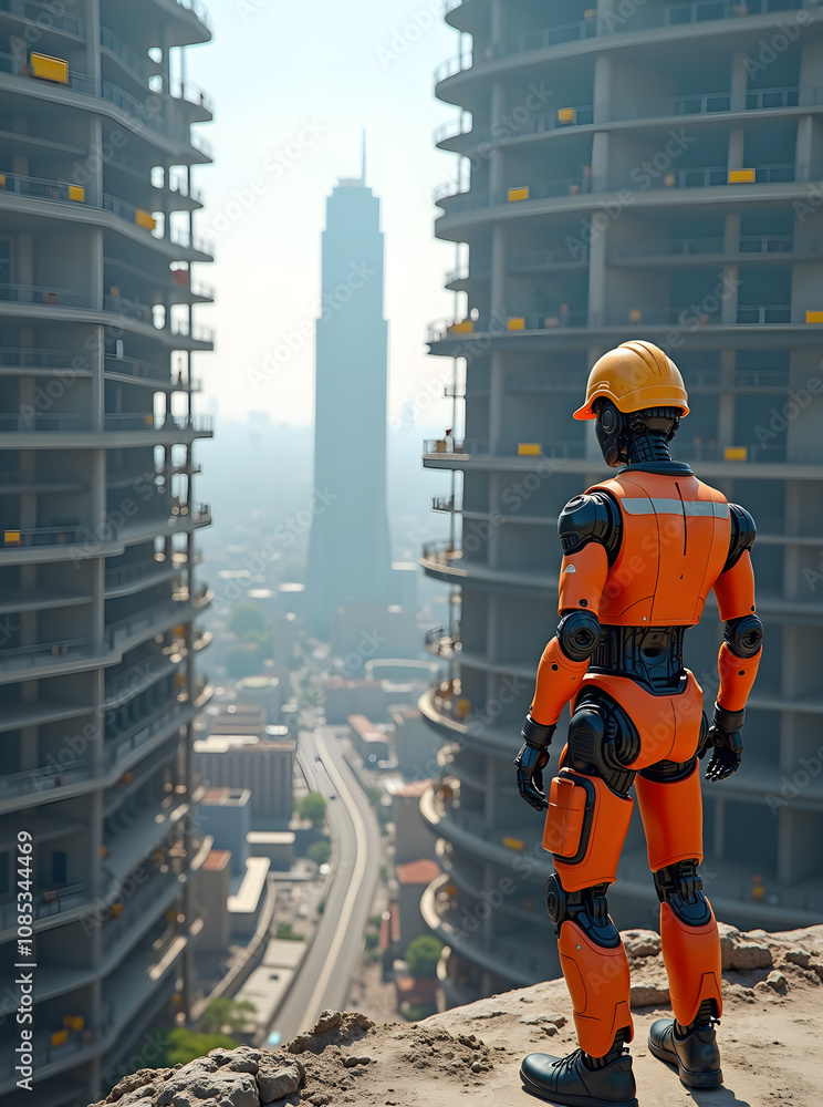 Poster a robot assists construction workers on a futuristic high-rise building site with towering structure