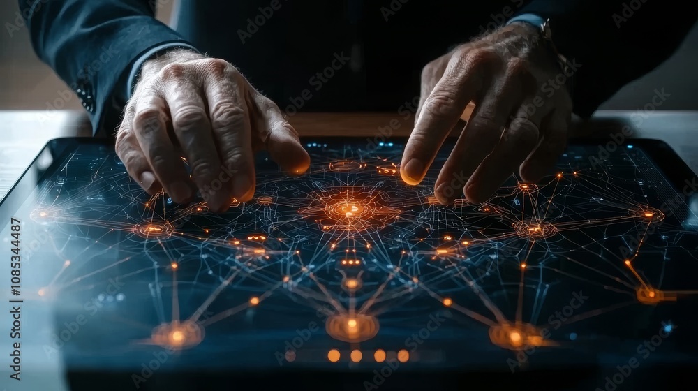 Aufkleber senior hands utilizing a futuristic tablet for interactive learning in a modern workspace digital en