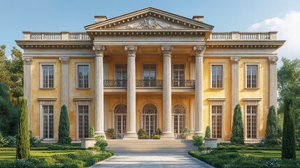 Fototapeta premium Grand mansion with classical architecture and landscaped gardens.