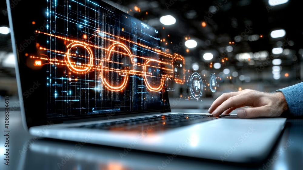 Poster digital data stream laptop interface enhances business operations in modern workspace environment
