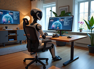 A futuristic home office features an ergonomic robot working at a desk with virtual screens displaying information and a plant by the window creating a modern workspace