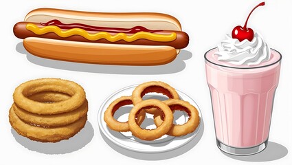 A realistic assortment of African fast food and junk food items arranged on a clean, Collection of fast food items on background.